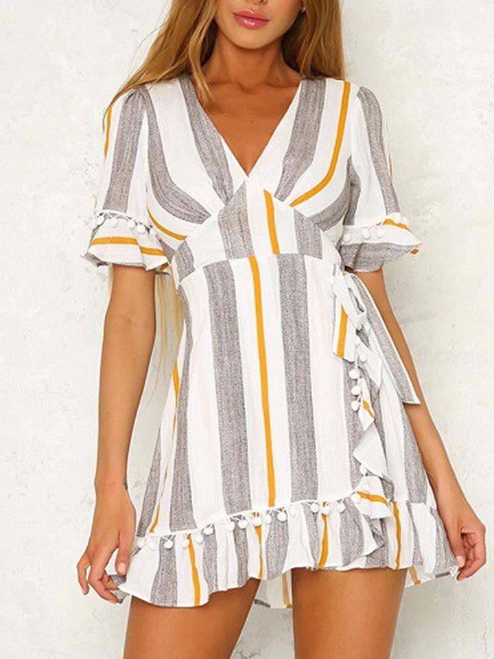 Choies Gray Stripe V-neck Tie Waist Flare Sleeve Mini Dress