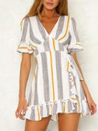 Choies Gray Stripe V-neck Tie Waist Flare Sleeve Mini Dress