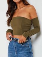 Choies Army Green Off Shoulder Lace Up Back Long Sleeve Cropped T-shirt