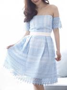 Choies Blue Off Shoulder Tucked Skirt Lace A-line Dress