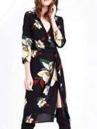 Choies Black V-neck Floral Print Tie Waist Thigh Split Front Dress
