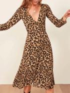 Choies Brown Plunge Leopard Print Long Sleeve Women Midi Dress