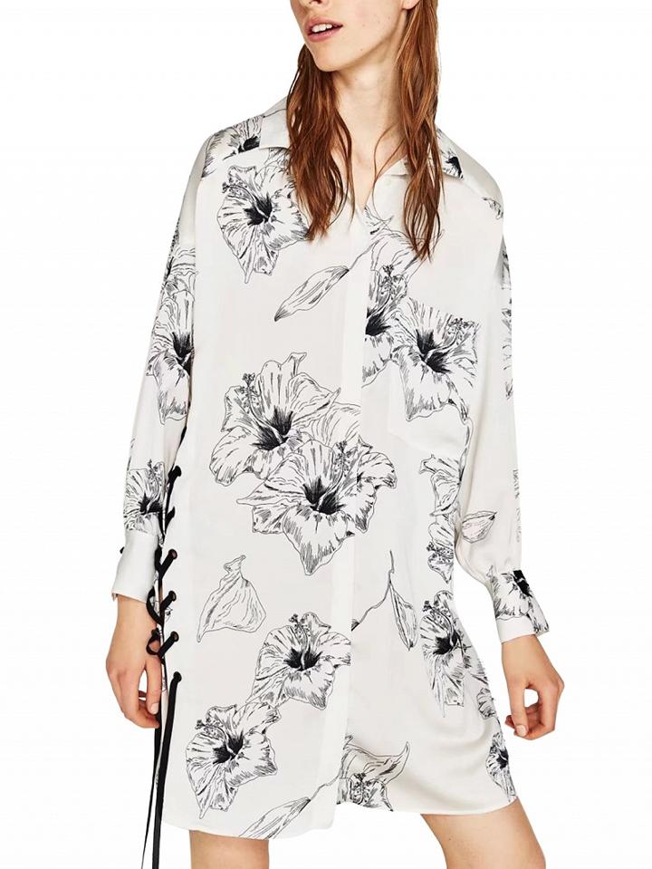Choies White Floral Print Side Lace-up Shirt Dress