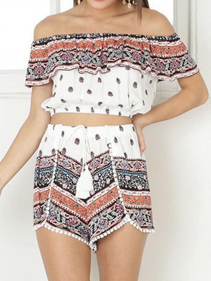 Choies Polychrome Tribal Print Off Shoulder Crop Top And High Waist Shorts