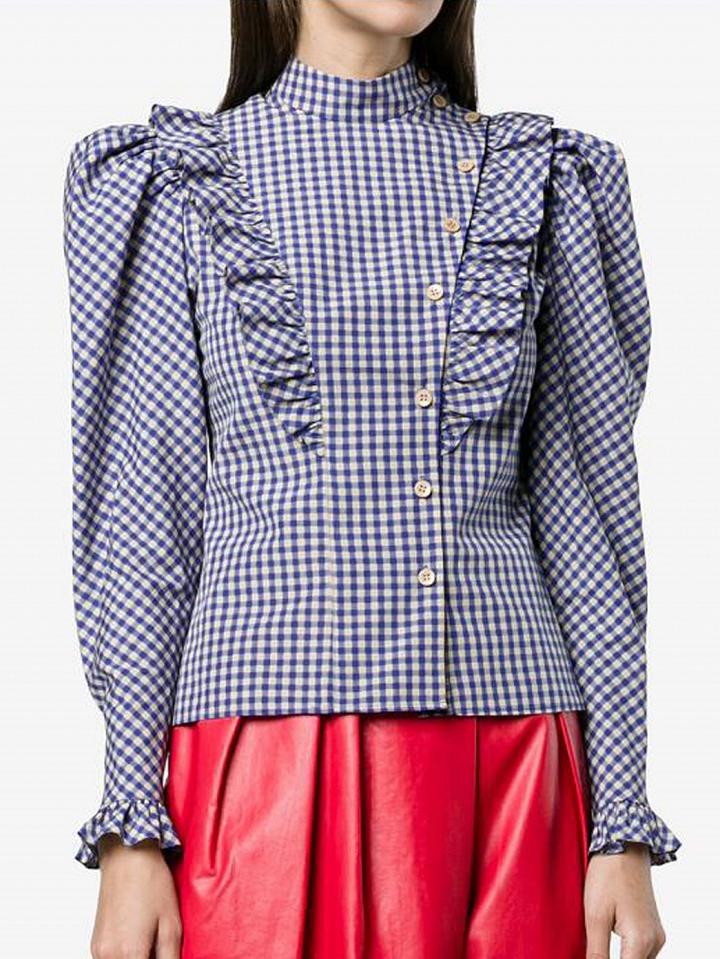Choies Blue Plaid Ruffle Trim Long Sleeve Shirt
