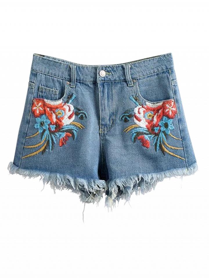 Choies Blue Embroidery Floral Raw Hem Denim Shorts