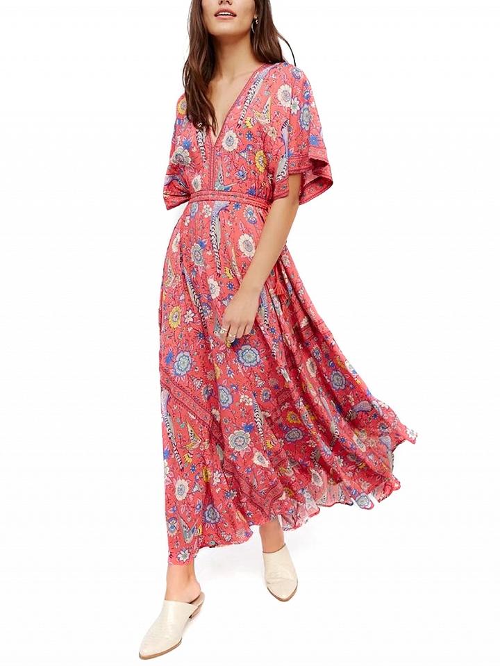 Choies Polychrome V-neck Floral Open Back Maxi Dress
