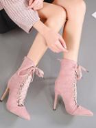 Choies Pink Lace Up Front Pointed Toe Chic Women Velvet Ankle Heeled Boots