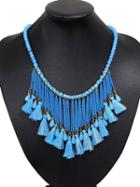 Choies Blue Crystal Tassel Multi Layer Beaded Detail Necklace