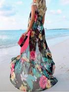 Choies Black Spaghetti Strap V-neck Bow Front Floral Print Maxi Dress