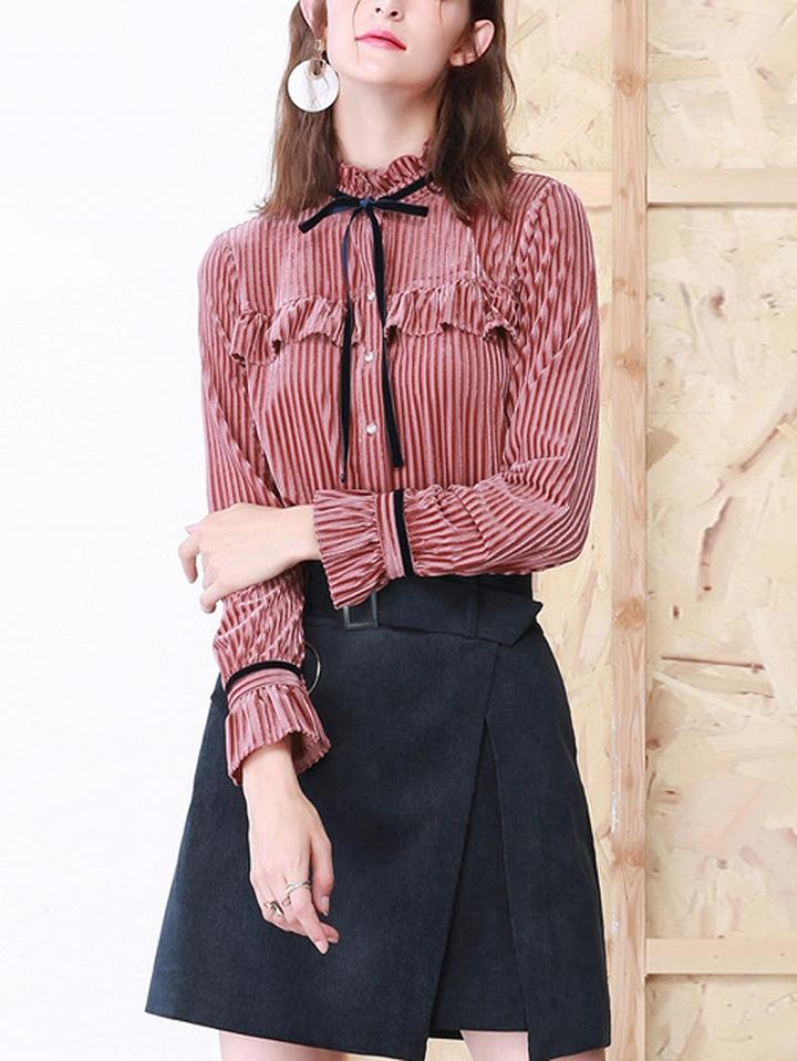 Choies Pink Velvet Tie Front Ruffle Detail Flare Sleeve Shirt