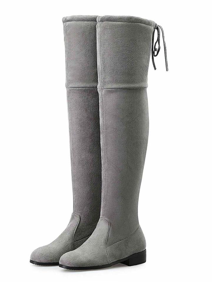 Choies Gray Suedette Pointed Laced Back Over The Knee Flat Boots