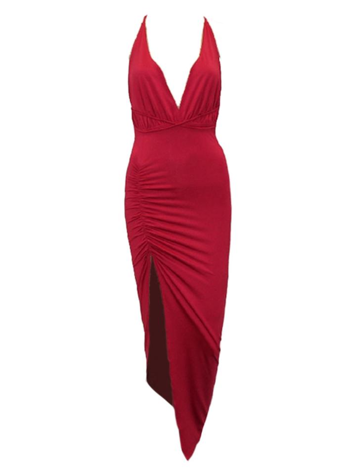Choies Red V Neck Strappy Back Ruched Asymmetric Bodycon Dress