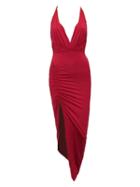 Choies Red V Neck Strappy Back Ruched Asymmetric Bodycon Dress