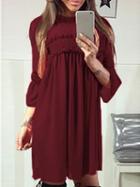 Choies Burgundy Frill Trim Long Sleeve Mini Dress