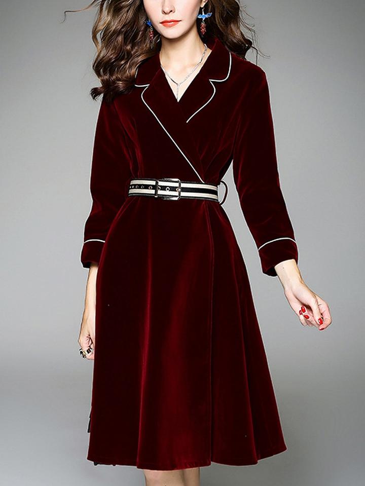 Choies Burgundy Velvet Lapel Buckle Belt Detail Long Sleeve Dress