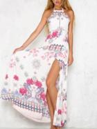 Choies White Halter Floral Print Tie Back Split Maxi Dress
