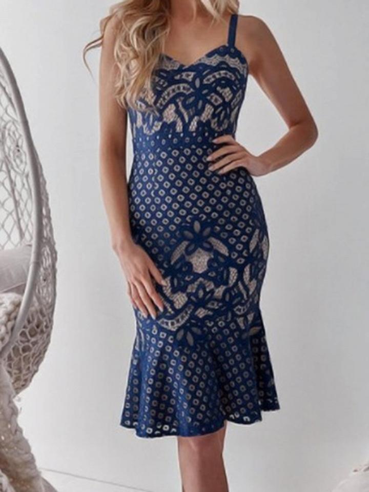 Choies Dark Blue V-neck Fishtail Hem Chic Women Lace Bodycon Cami Dress