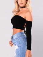 Choies Black Off Shoulder Lace Up Back Long Sleeve Cropped Blouse
