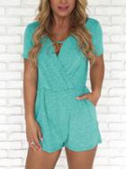 Choies Green V-neck Pocket Detail Romper Playsuit