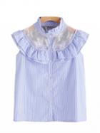 Choies Blue Stripe High Neck Lace Insert Ruffle Cape Overlay Shirt