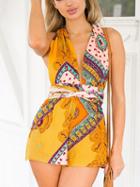 Choies Yellow V-neck Folk Print Tie Waist Open Back Romper Playsuit