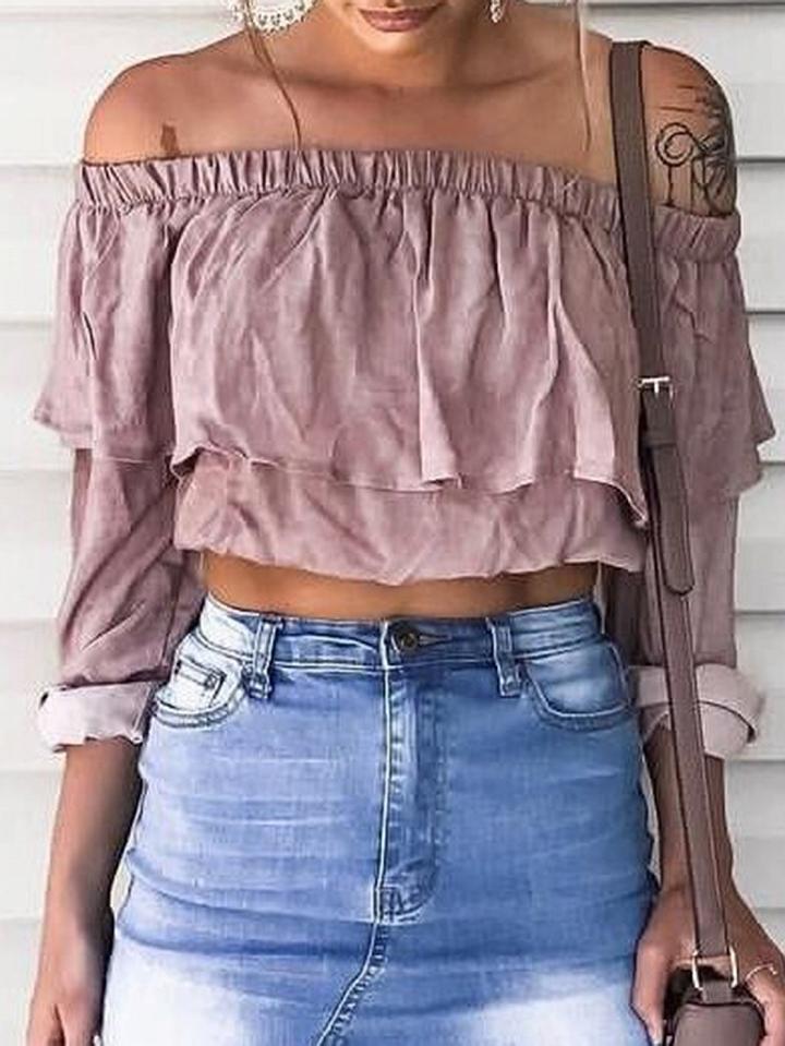 Choies Pink Off Shoulder Ruffle Trim Long Sleeve Chic Women Crop Blouse