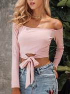 Choies Pink Off Shoulder Bow Detail Long Sleeve Cropped Blouse