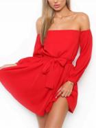 Choies Red Off Shoulder Tie Waist Long Sleeve Mini Dress