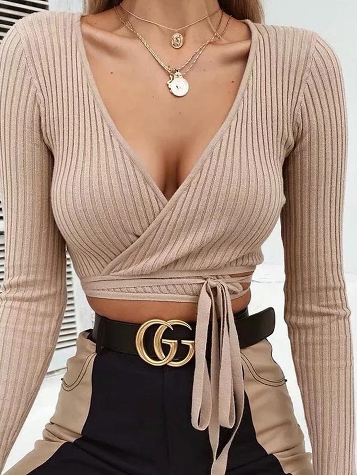Choies Khaki Ribbed V-neck Tie Detail Long Sleeve Chic Women Crop Top