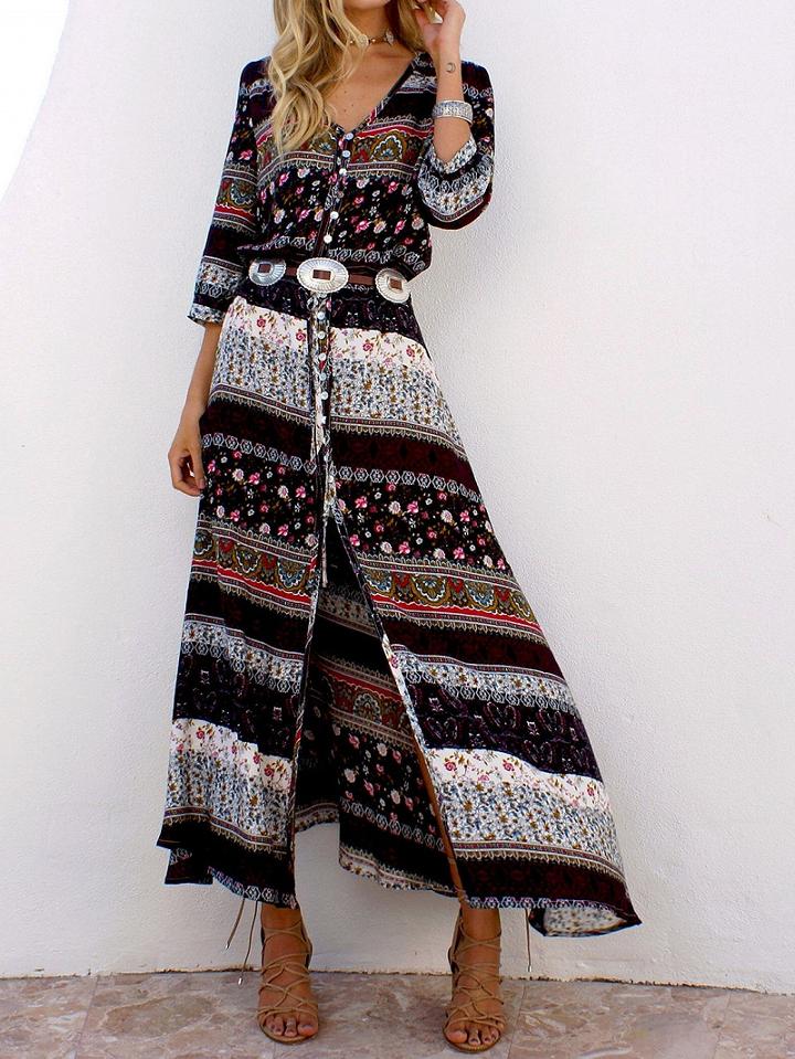 Choies Brown Geo-tribal Print Button Placket 3/4 Sleeve Maxi Dress