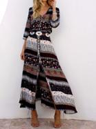 Choies Brown Geo-tribal Print Button Placket 3/4 Sleeve Maxi Dress