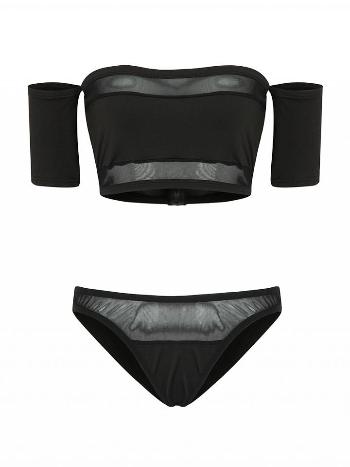Choies Black Off Shoulder Sheer Panel Crop Top Bikini Top And Bottom