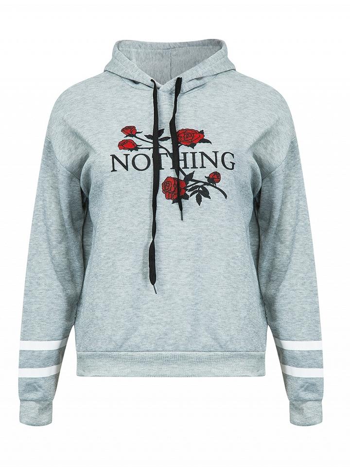 Choies Gray Embroidery Rose Long Sleeve Hoodie