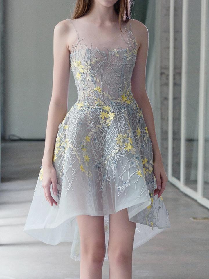 Choies Blue Embroidery Floral Sheer Panel Dipped Hem Dress