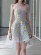 Choies Blue Embroidery Floral Sheer Panel Dipped Hem Dress