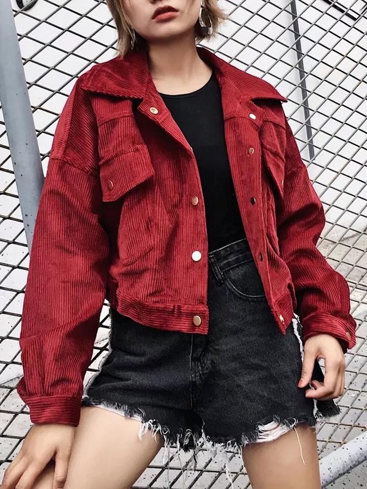 Choies Burgundy Pointed Collar Pocket Corduroy Jacket