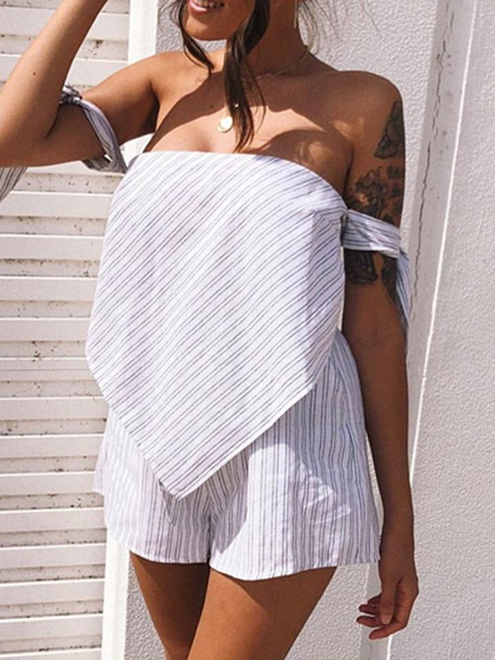Choies White Stripe Off Shoulder Chic Women Top And High Waist Shorts
