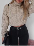 Choies Khaki Cotton High Neck Long Sleeve Crop Sweater