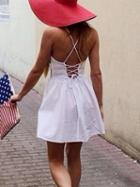 Choies White V-neck Spaghetti Strap Lace Up Back Skater Mini Dress