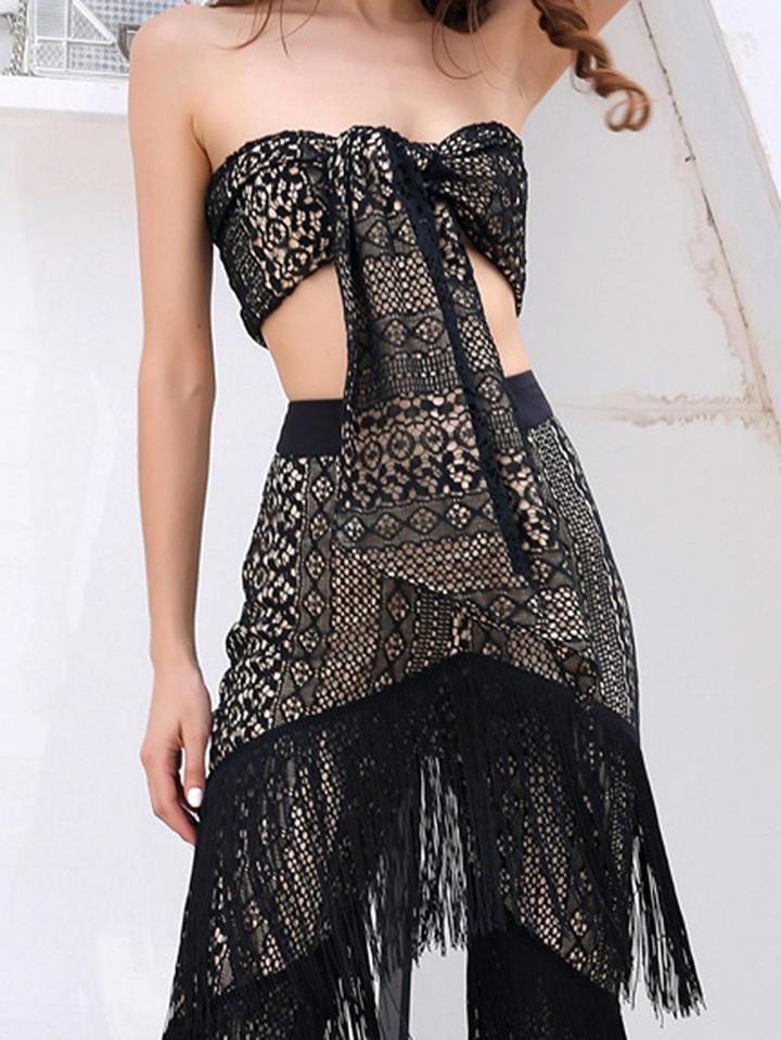 Choies Black Bandeau Tassel Trim Chic Women Crop Top And High Waist Pants
