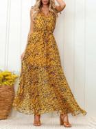 Choies Yellow Chiffon V-neck Leaf Print Sleeveless Chic Women Maxi Dress
