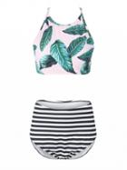 Choies Multicolor Leaf Print Strap Back Cross Bikini Top And Bottom