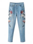 Choies Blue Light Wash Embroidery Floral Jeans