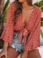Choies Orange Chiffon Plunge Floral Print Flare Sleeve Chic Women Crop Blouse