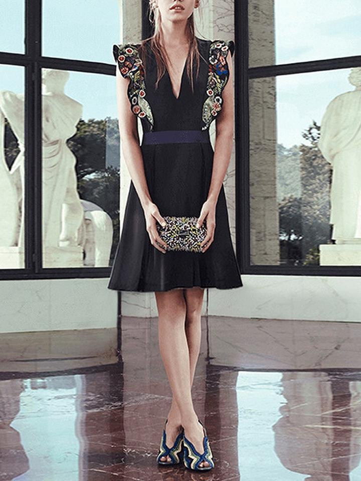 Choies Black V-neck Embroidery Floral Ruffle Detail Dress