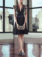 Choies Black V-neck Embroidery Floral Ruffle Detail Dress