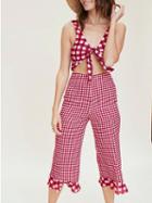Choies Red Plaid Plunge Tie Front Open Back Chic Women Jumpsuit