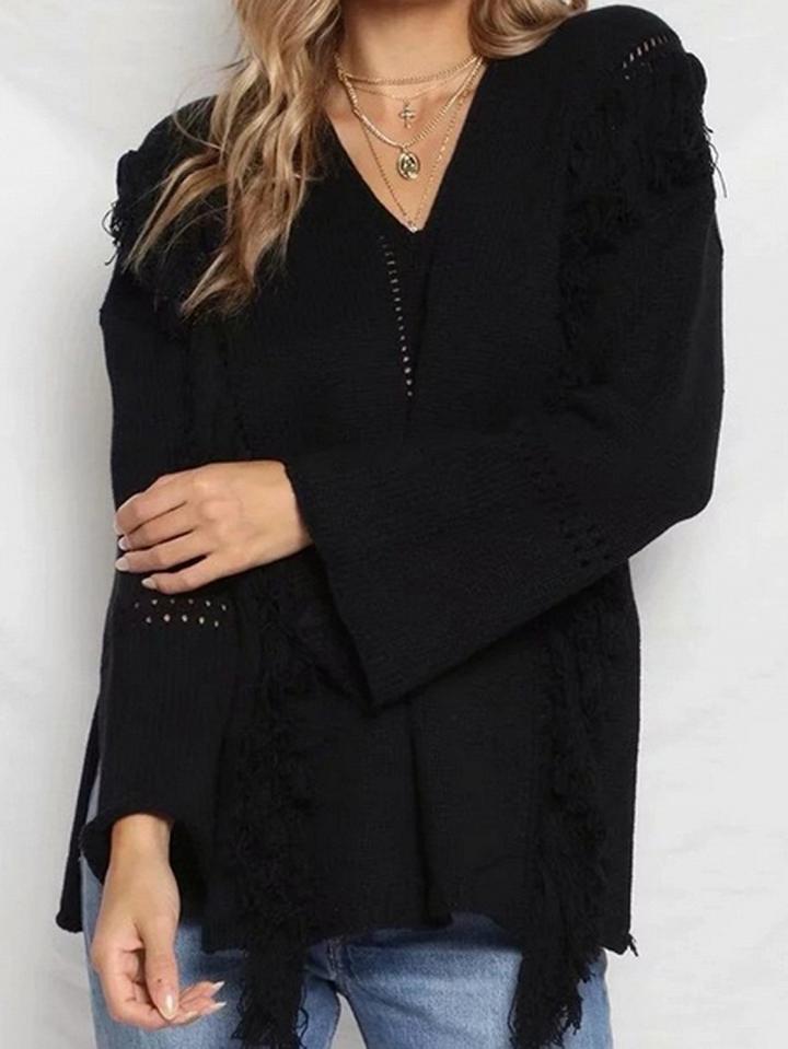 Choies Black V-neck Tassel Trim Flare Sleeve Chic Women Knit Sweater