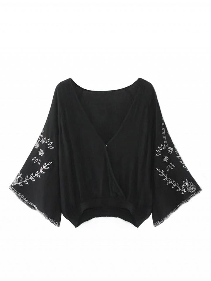 Choies Black V-neck Embroidery Detail Belle Sleeve Blouse